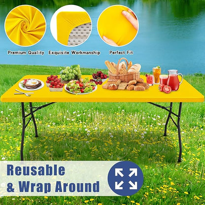 Spandex 8 Foot Rectangle Table Cloth 2 Pack, Elastic Fitted Tablecloths for Picnic, Stretch Washable Patio Table Cover for Outdoor, Camping, Banquet and Parties (Yellow, 30"x96")