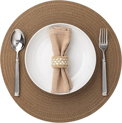 Round Placemats Set of 8 Woven Placemats Washable Braided Table Mats for Dining Table Heat Resistant Non-Slip Circle Place Mats(Brown)
