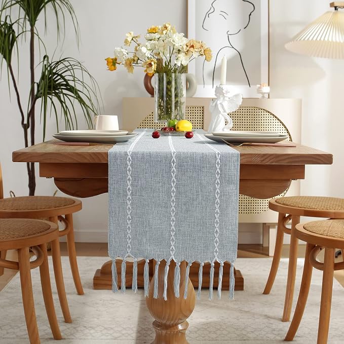 Wracra Rustic Linen Table Runner, Dusty Blue Table Runners 72 inches Long | - Image 7