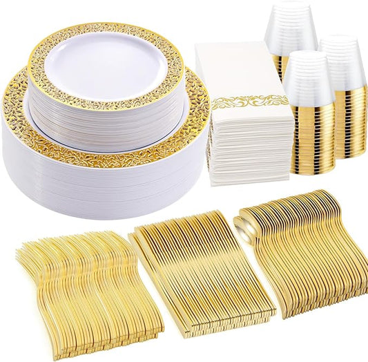 WELLIFE 210Pcs Gold Plastic Dinnerware - Disposable Silverware and Cups, Include:30 Dinner Plates, 30 Dessert Plates, 30 Paper Napkins, 30 Cups, 30 Gold Plastic Cutlery Set for Party and Wedding