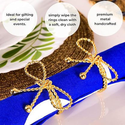 ALPHA Living HOME Napkin Rings Set of 12, Holiday Napkin Holders, Metal Napkin Rings for Safari Theme Table Décor Handmade for Holiday, Weddings, Receptions, Banquets, Events, Bow Shape, Gold