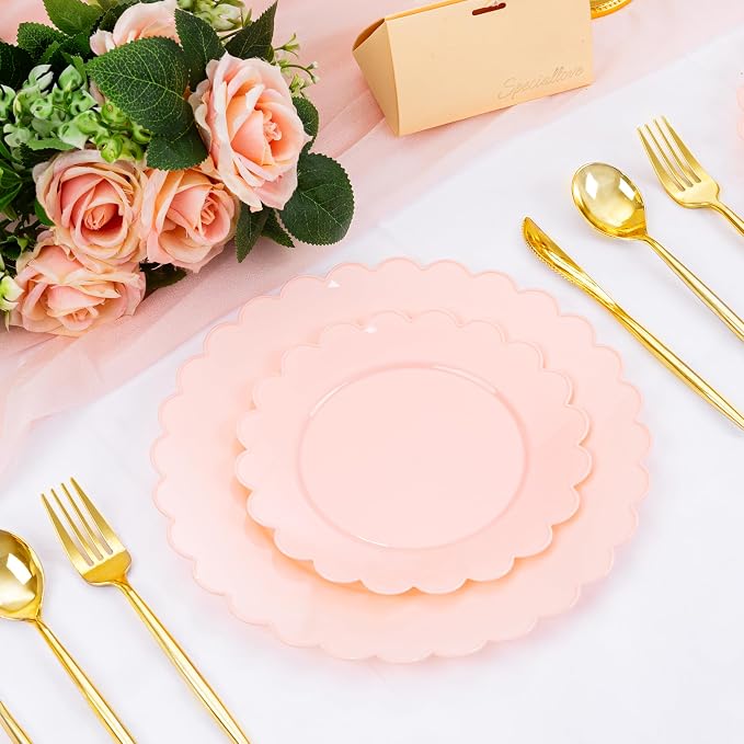 100Pcs Pink Plastic Plates Set for Party, Scalloped Fancy Plates | Heavy Duty - Image 7