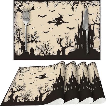 Halloween Witch Castle Placemats Set of 4 Washable Table Place Mats for Dining Kitchen Party Decor