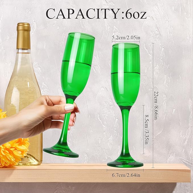 Champagne Flutes Glasses Set of 6-6oz Elegant Green Champagne Glass, Unique Green Colored Long stem Champagne Flute Gift for Wedding, Anniversaries, Parties, Birthday, Restaurant, Home Bar