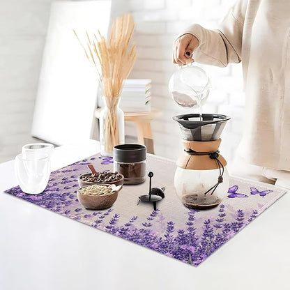 6 Pcs Placemats,Lavender Butterfly Placemat,Purple Table Mats Washable Recyclable Table Placemats for Indoor Outdoor Heat Resistant Kitchen Dining 12"x18"