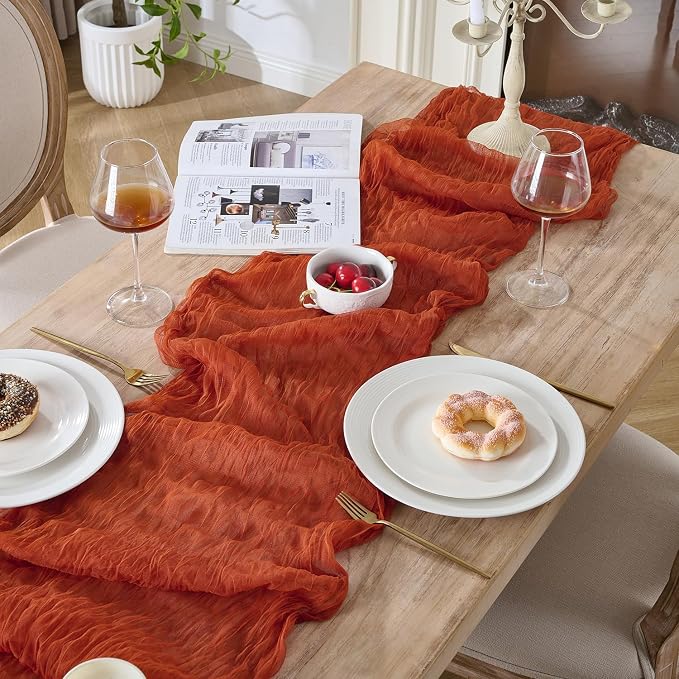 3 Pack Terracotta Fall Cheesecloth Table Runners, 120 Inch 10Ft Orange Gauze - Image 5