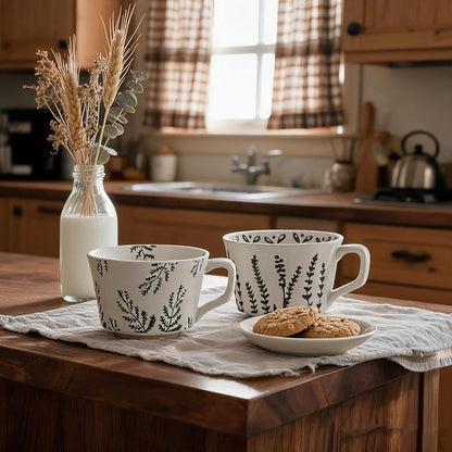 4 Pack Speckled Ceramic Coffee Mugs, 12oz Vintage Green Fern Leaf Large Tea Cups - Image 4