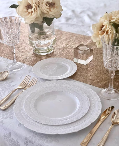 " OCCASIONS " 320pcs set (40 Guests)-Extra Heavyweight Vintage Wedding Disposable/Reusable Plastic Plates (40 x 11'' + 40 x 8.25'')+Silverware+12oz Cups+Napkins (Chateau Collection White)