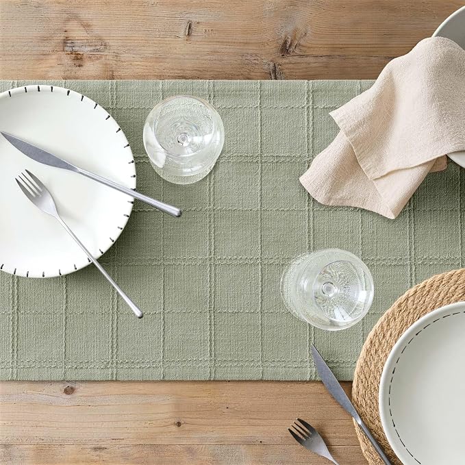 Linen Checked Farmhouse Table Runner, 13x60 Inches Seeding Green | Raised Grid - Image 7