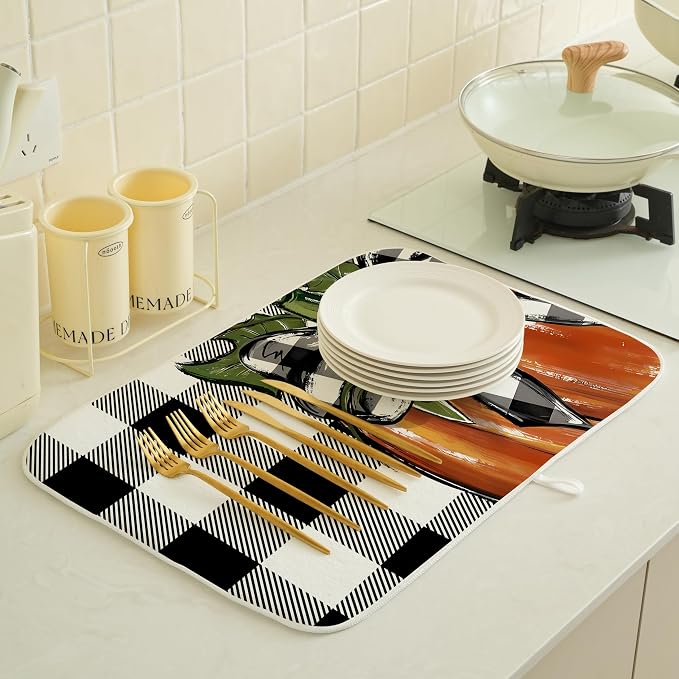 Fall Plaid Dish Drying Mat for Kitchen Counter 18x24 Inch Pumpkin Autumn Dish - Image 3