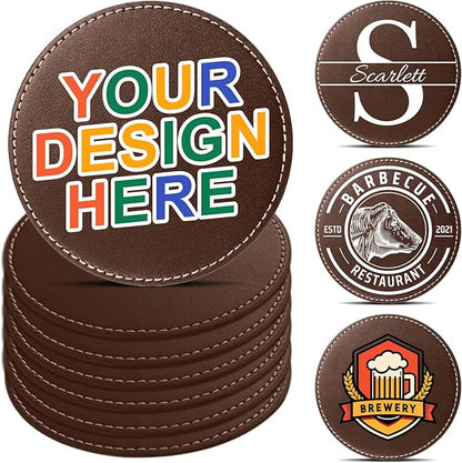 Custom Personalized Leather Coasters - Set of 6 | DIY Name, Photo, or Logo Coasters for Coffee Table, Bar, Beer, Wine | Ideal Housewarming Gift, Brown