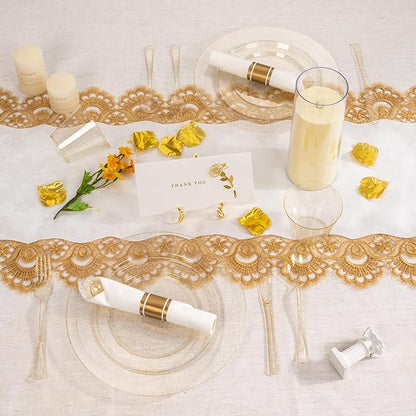 350 PCS Transparent Base With Pink Tint Plastic Dinnerware Set for 50 Guests, 100 Plates for Party, 50 Pre Rolled Napkins with Gold Silverware, 50 Cups