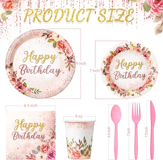 Roshtia 175 Pcs Floral Party Supplies-serve 25 Guests Happy Birthday Rose - Image 2