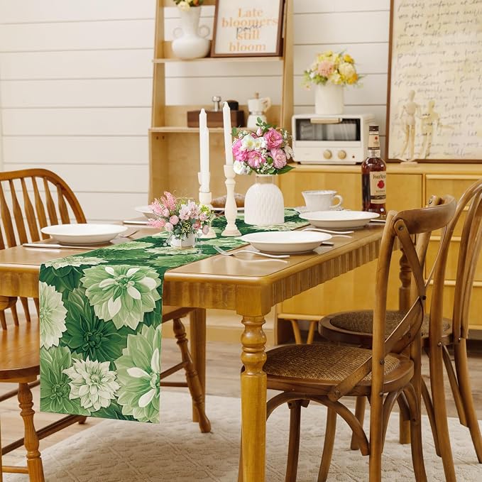 Green Dahlia Flower Table Summer Runner Sage Green Burlap Table Runners - Image 2