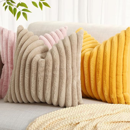 decorUhome Cozy Faux Fur Throw Pillow Covers 26x26 Set of 2 Decorative Soft Plush Striped Modern Farmhouse Boho Couch Euro Sham Pillow Cases with Velvet Back for Sofa Bed Living Room Valentines, Pink