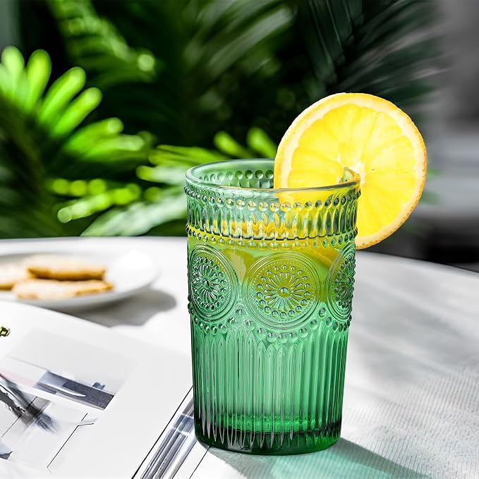 Joeyan Green Vintage Drinking Glasses, Embossed Ribbed Water Glass Cups - Image 3