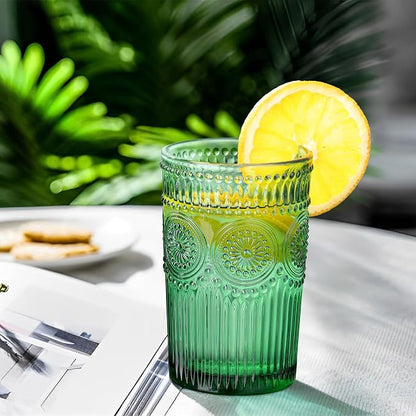 Joeyan Green Vintage Drinking Glasses, Embossed Ribbed Water Glass Cups - Image 3