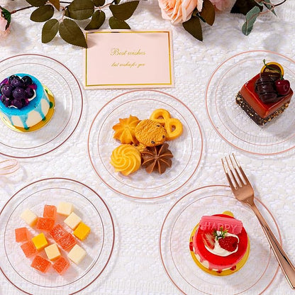 bUCLA 100PCS Clear Rose Gold Plastic Plates Disposable - Heavy Duty 6.25 Inch Clear Plastic Dessert Plates with Rose Gold Trim - Ideal for Party, Wedding & Valentines Day