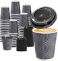 100 Pack 10 oz Coffee Cups with Lids, Disposable Insulated Hot Cups To Go Paper Coffee Cups, Corrugated Ripple Wall Cup for Hot Drink, Office, Coffee Bar (Grey 10 oz)