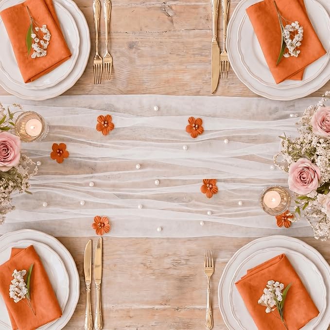 Artoid Mode Caramel Flower Pearl White Gauze Table Runner 10FT, Seasonal Sheer - Image 6