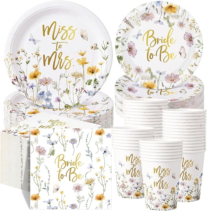 Pickmesh 250 Pcs Wildflower Bridal Shower Decorations Floral Miss to Mrs Plates by Pickmesh