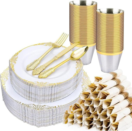 350 PCS White and Gold Plastic Plates, Plastic Dinnerware Set for 50 Guests, 100 Disposable Plates, 150 Silverwares, 50 Cups, 50 Napkins for Party, Wedding, Graduation