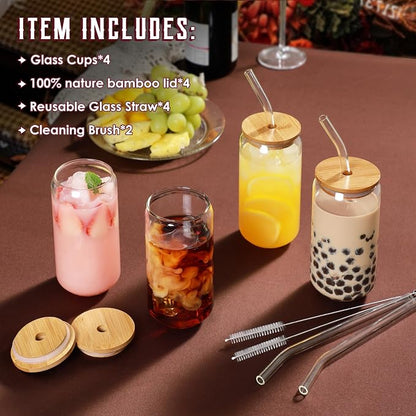 Drinking Glasses with Bamboo Lids and Glass Straw 4pcs Set - 16oz Glass Cups - Image 2