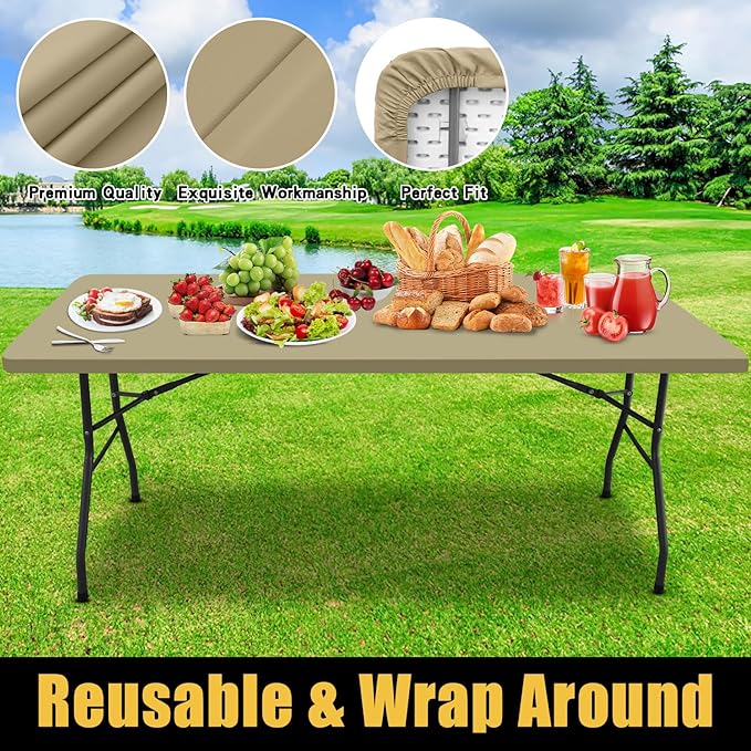 Smiry Rectangle Picnic Table Cloth, Waterproof Elastic Fitted Tablecloths for 4 Foot Tables, Washable Polyester Table Cover for Camping, Indoor and Outdoor (Taupe, 24"x48")