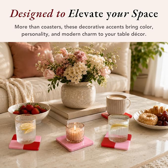 Folkulture Pink & Red Decorative Coasters Set of 4, Non Slip, 4 Inch | Coffee - Image 6