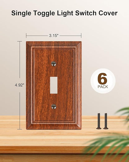 6-Pack Single Toggle Light Switch Cover Plate, Durable Natural Bamboo Fiber Decorative Switch Plate Covers, Wood Grain 1 Gang Wall Plate, Corrosion Resistant