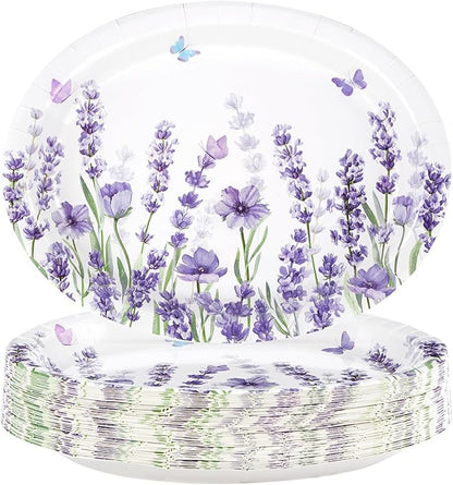 50 Pcs Lavender Oval Paper Plates Large 10" x 12" Spring Purple Lavender Floral Plates Disposable Heavy Duty Butterfly Flower Plates for Wedding Purple Baby Shower Lavender Birthday Party Decorations