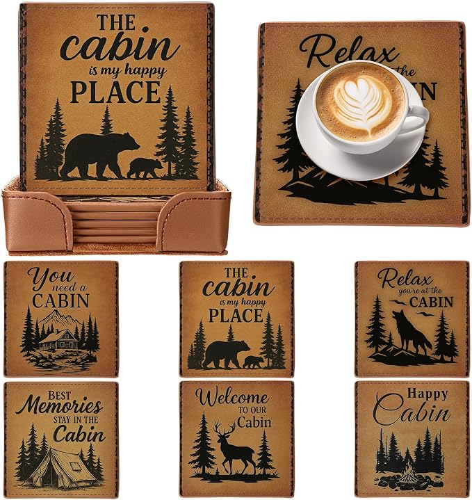 Rustic Cabin Bear Artificial Leather Coasters Set of 6 by Ferrochef