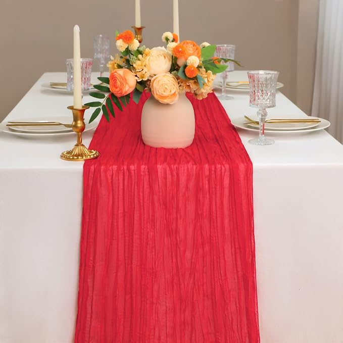 Snowkingdom 10 Ft Red Valentine's Day Cheesecloth Table Runner, 120 inch Long - Image 2