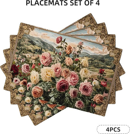 Roses Placemats Set of 4 Washable Table Place Mats for Dining Kitchen Party Decor
