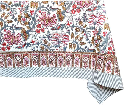 ATOSII Eden 100% Cotton Tablecloth, Handblock Floral Print Square Linen for Kitchen I Dining Table I Parties Wedding Christmas Thanksgiving Outdoors I Spring Summer Decor 60 X 60 Inches I 4 Seater
