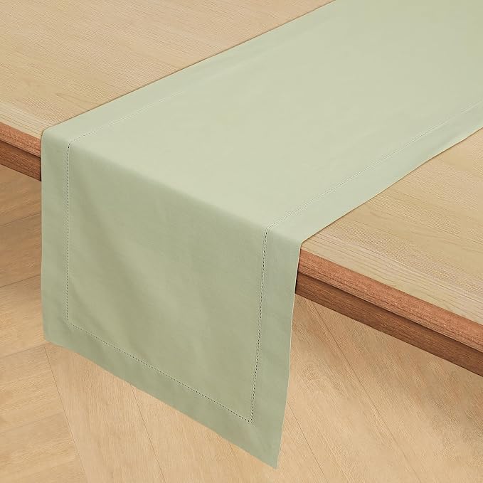 Solino Home Cotton Linen Dining Table Runner Sage Hemstitch, 14 x 108 in | - Image 2