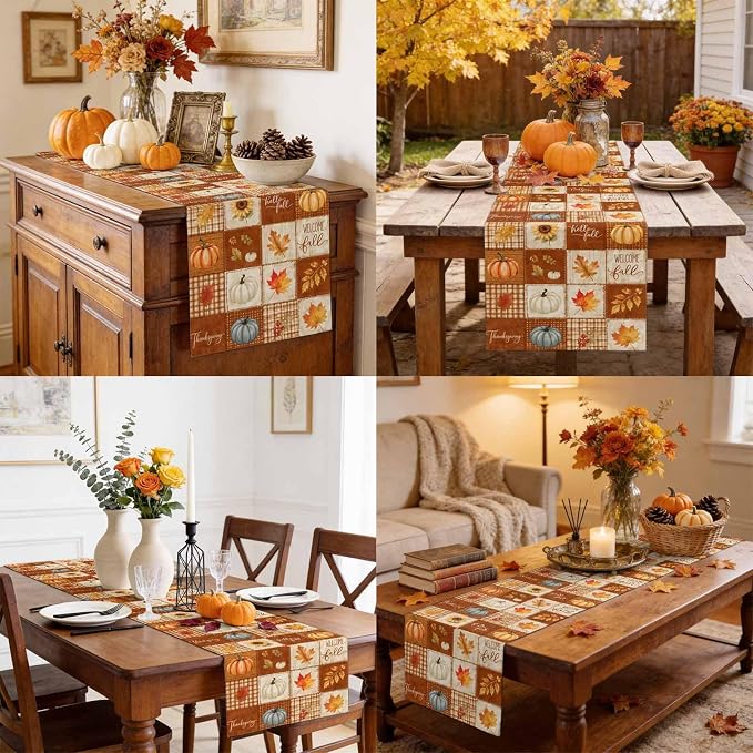 Fall Checkered Table Runner 72 Inches Long, Thanksgiving Pumpkins Table Runners - Image 9