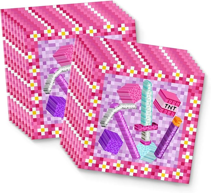 Girl Pixel Mining Birthday Party Supplies Set Plates Napkins Cups Tableware Kit - Image 4