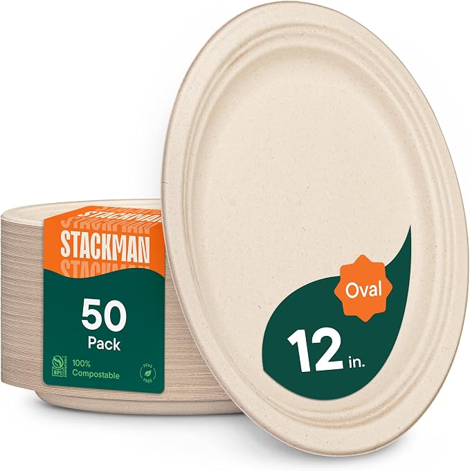 100% Compostable Oval Paper Plates Elegant Disposable Dinner Platter Heavy-Duty by StackMan