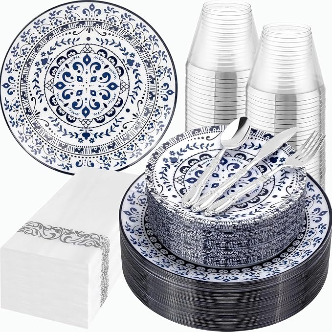175 Pcs Blue Plates for 4th of July | Floral Disposable Dinnerware Set. by Hioasis