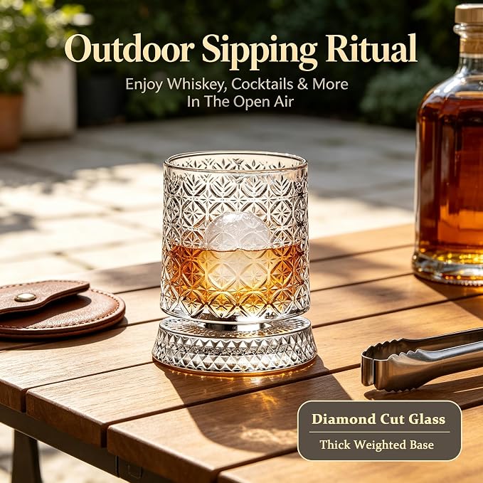 360° Rotating Whiskey Glasses Set of 2, Vintage Crystal Tumblers - Image 4