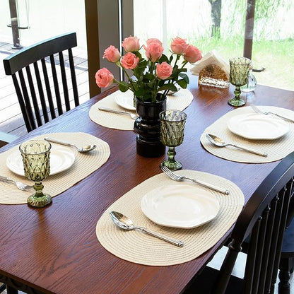 Noctiflorous Oval Braided Placemats Set of 4 Woven 12x18 Inch Non Slip Washable Heat Resistant Place Mats Round Tablemats for Dining Kitchen Party Daily Table Decor Dinner Mats (Solid Beige White, 4)