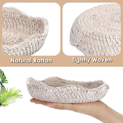 Hipiwe Handwoven Rattan Basket Tray Decorative Key Tray for Entryway Table Handwoven Wicker Storage Bowl for Fruit Bread Candy, Whitewash 7.9 Inch