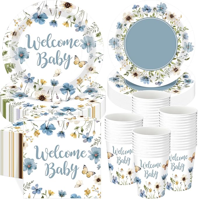 Pickmesh 250 Pcs Blue Floral Baby Shower Party Supplies Decorations Serve 50 by Pickmesh