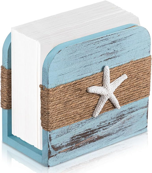 Natural Wooden Napkin Holder, Farmhouse Napkin Holders Upright Wooden Tissue Dispenser for Kitchen Dining Room Table Decor Indoor & Outdoor Use (Beach Style,Blue)