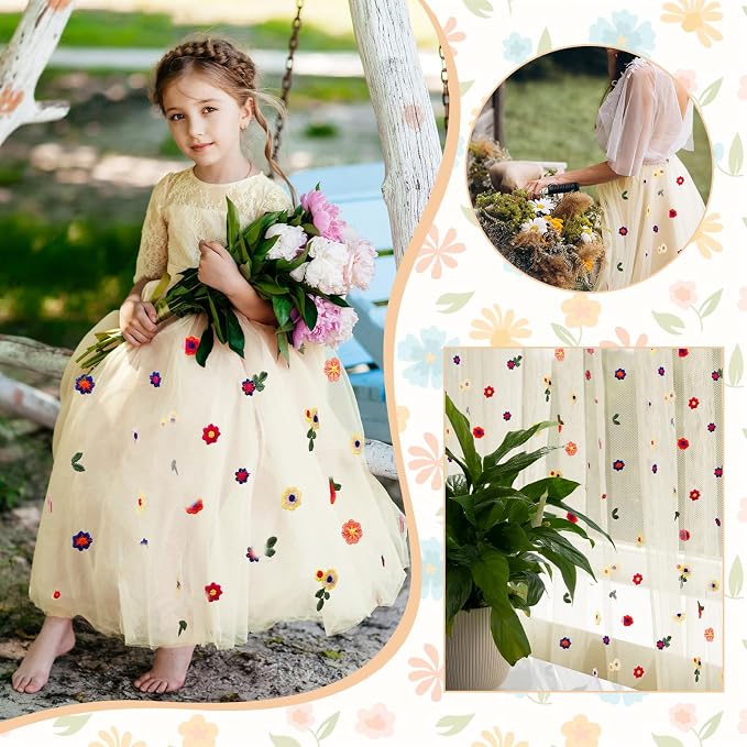BINBE 1pcs Champagne Daisy Spring Table Runner Embroidery Gauze 10FT Florals - Image 8