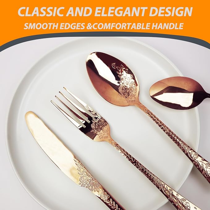 Runfly Modern Carved Floral Rose Gold Stainless Steel 20-Piece Flatware Set | - Image 3