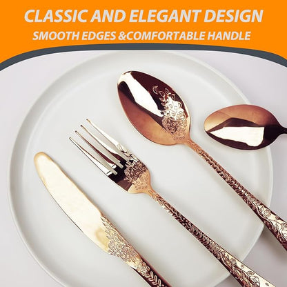 Runfly Modern Carved Floral Rose Gold Stainless Steel 20-Piece Flatware Set | - Image 3