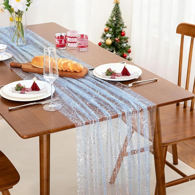SiinvdaBZX 4 Pcs Light Blue Sheer Tulle Table Runner 120 Inch/10 Ft Long | - Image 2