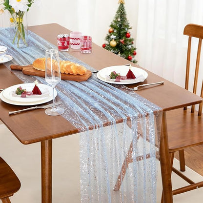 SiinvdaBZX 4 Pcs Light Blue Sheer Tulle Table Runner 120 Inch/10 Ft Long | - Image 2